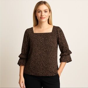 CeCe Womens Black /Brown Blouse With Ruffle 3/4 Sleeves, Sz S business casual